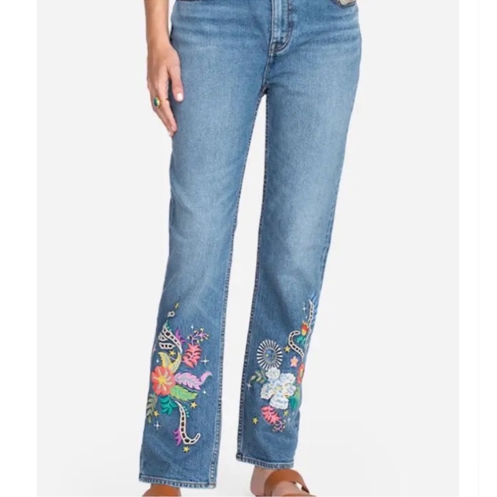 Johnny Was Luisa High Rise Straight Embroidered Jeans Floral Sun Boho